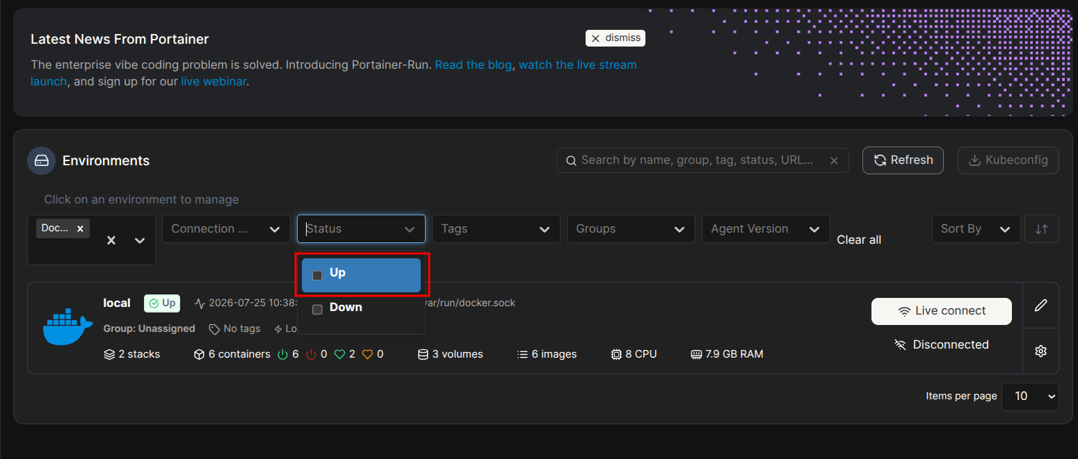 Sorting docker containers in portainer by Up status.