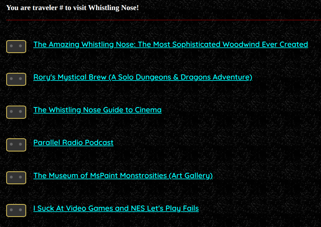 The menu options on Whistling Nose on Neocities.