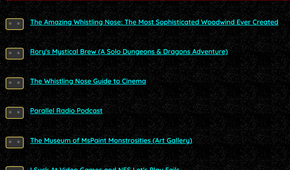 The menu options on Whistling Nose on Neocities.