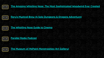 The menu options on Whistling Nose on Neocities.