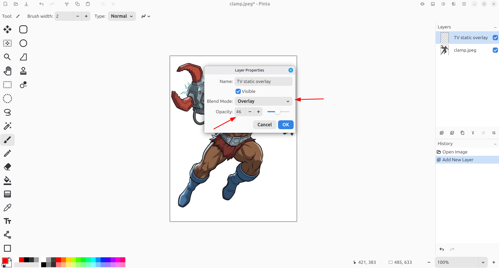 Changing the layer properties to 46-percent transparency and overlay mode.
