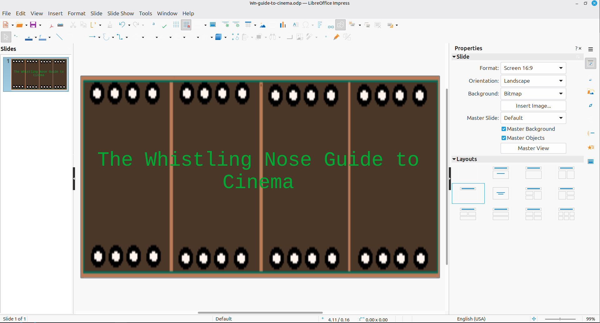 Creating slides for the Whistling Nose Guide to Cinemar in LibreOffice Impress.