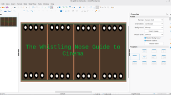Creating slides for the Whistling Nose Guide to Cinemar in LibreOffice Impress.