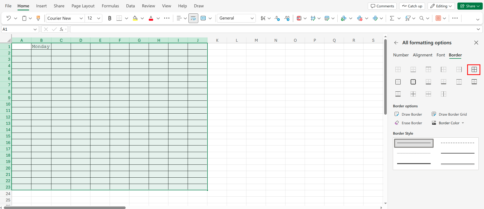 Setting cell borders to 'all borders'.