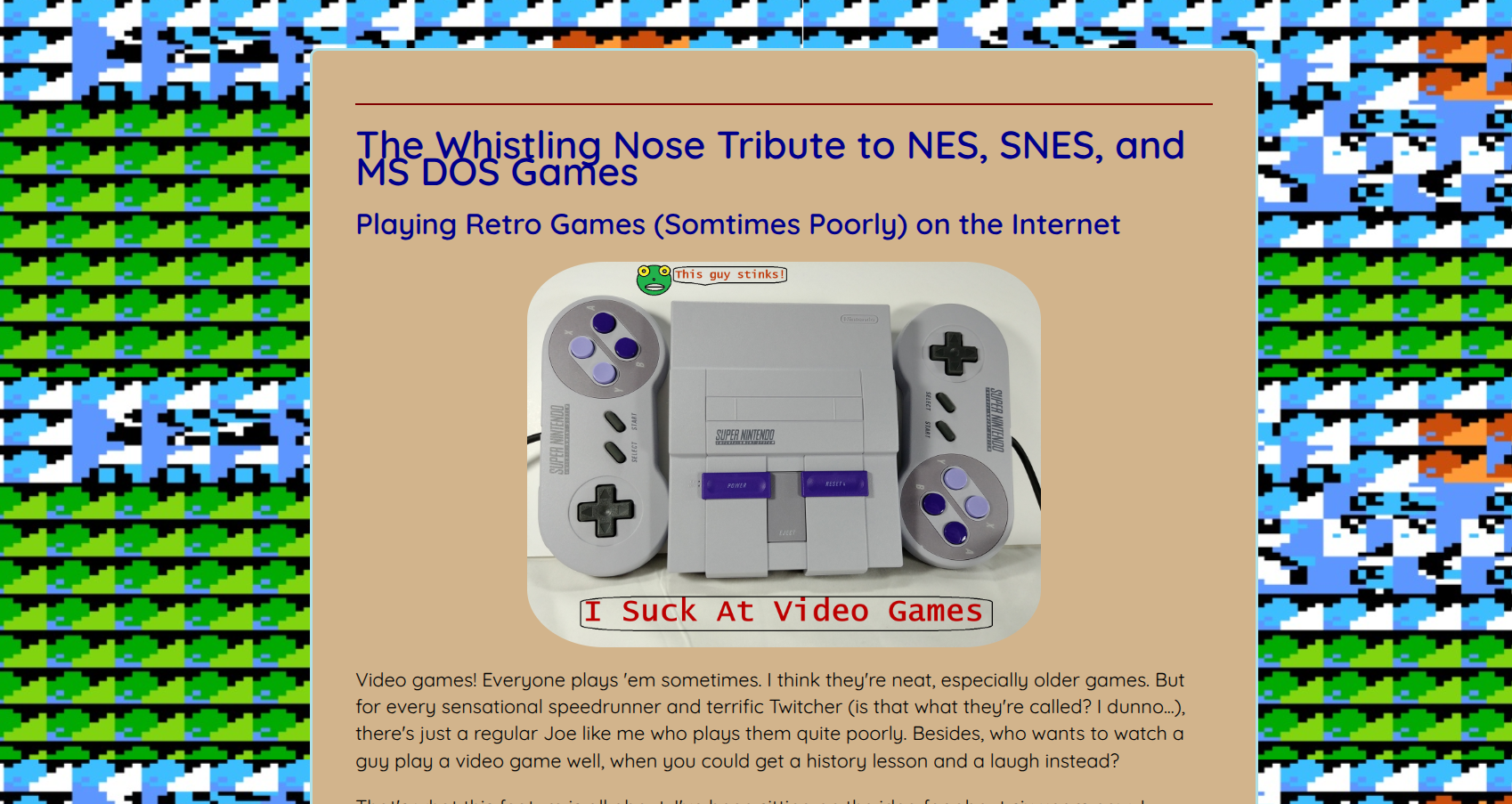 The video game streaming page of the Whistling Nose website with glitched out backgrounds.