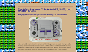 The video game streaming page of the Whistling Nose website with glitched out backgrounds.