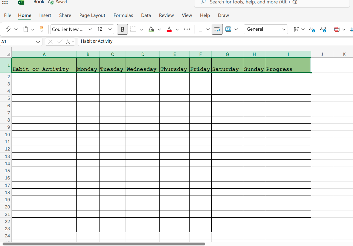 Color and text adjustments at the top of the habit tracker in excel.