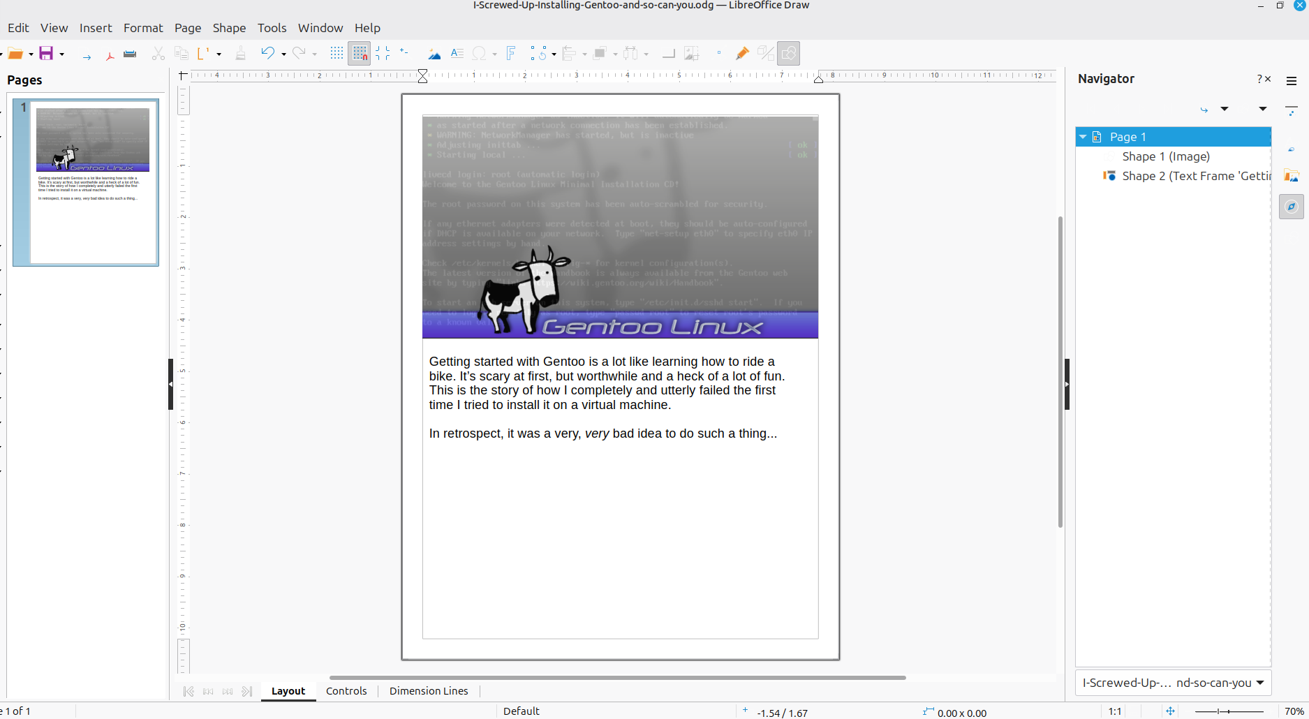 Creating a newsletter page about how badly I messed up a Gentoo installation in LibreOffice Draw.