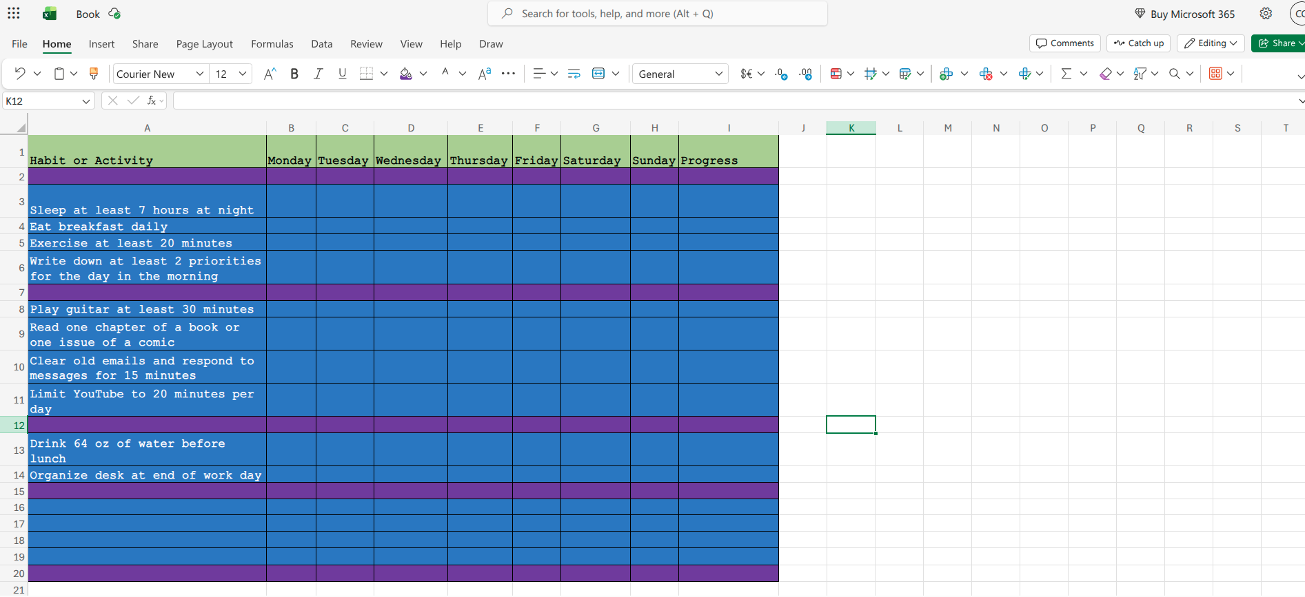 A multicolored habit tracker spreadsheet in Microsoft Excel.