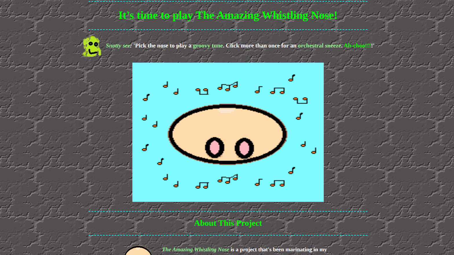 The Amazing Whistling Nose interactive page on a the Whistling Nose Neocities website.