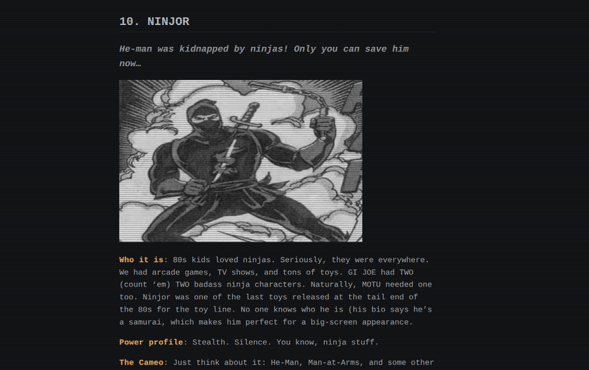 Black and white ninja on TV-static background with list text below.