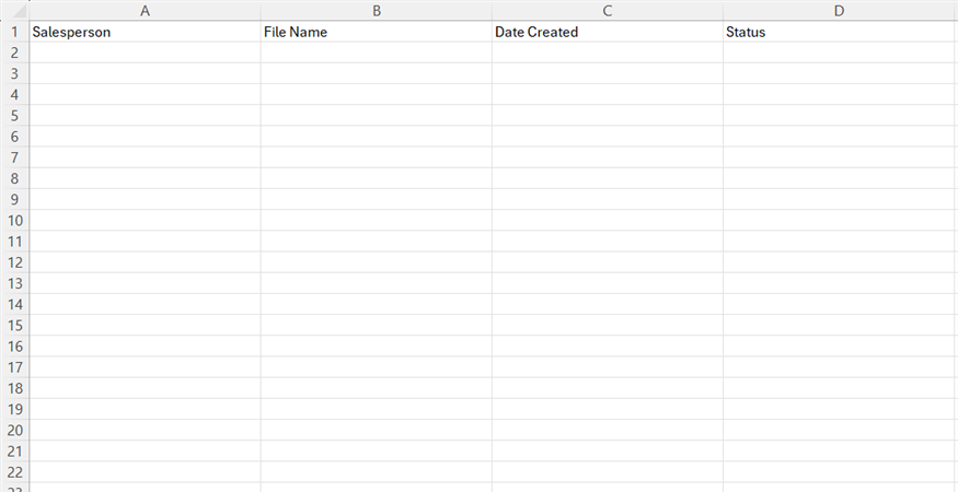 A blank report log sheet in Microsoft Excel, with column headings of Salesperson, File Name, Date Created, and Status.