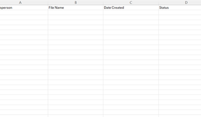 A blank report log sheet in Microsoft Excel, with column headings of Salesperson, File Name, Date Created, and Status.