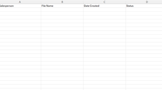 A blank report log sheet in Microsoft Excel, with column headings of Salesperson, File Name, Date Created, and Status.