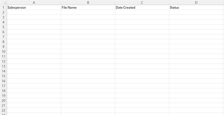 A blank report log sheet in Microsoft Excel, with column headings of Salesperson, File Name, Date Created, and Status.