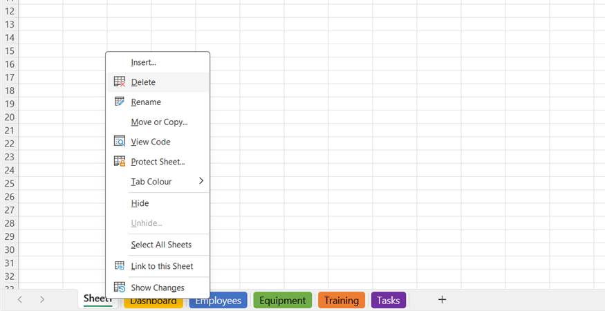 A blank Sheet1 in Excel being deleted via the right-click menu.