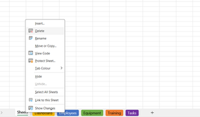 A blank Sheet1 in Excel being deleted via the right-click menu.