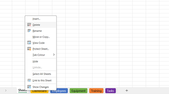 A blank Sheet1 in Excel being deleted via the right-click menu.