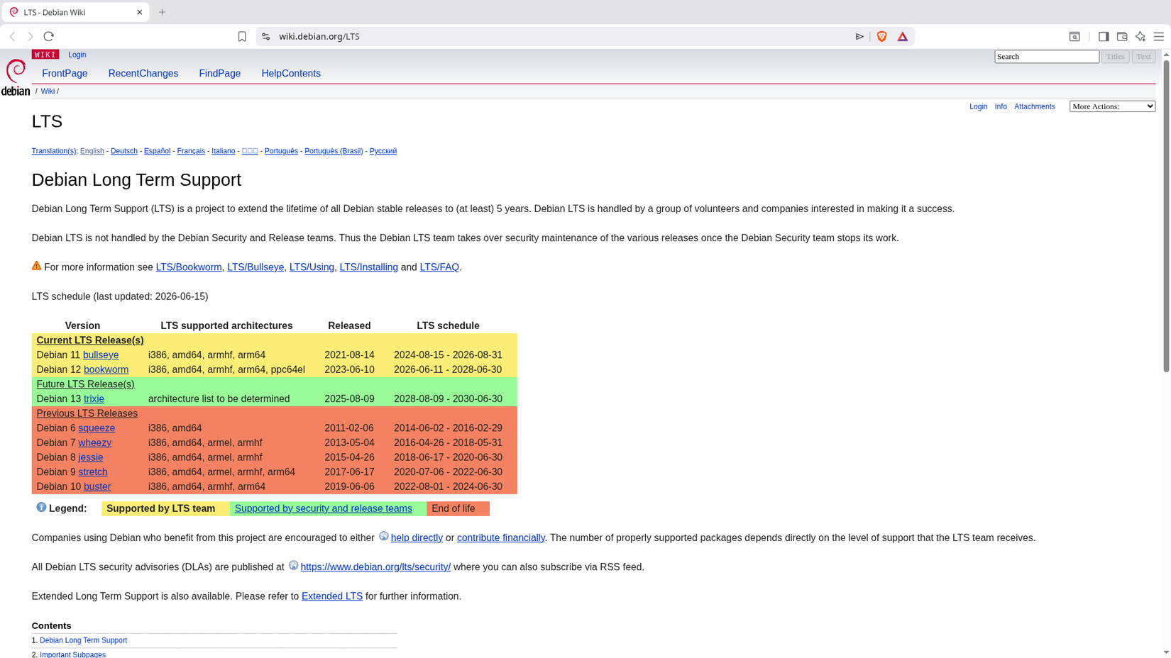 A browser window displays the Debian Wiki LTS page. It shows a table of Debian releases with their supported architectures, release dates, and long-term support schedules.