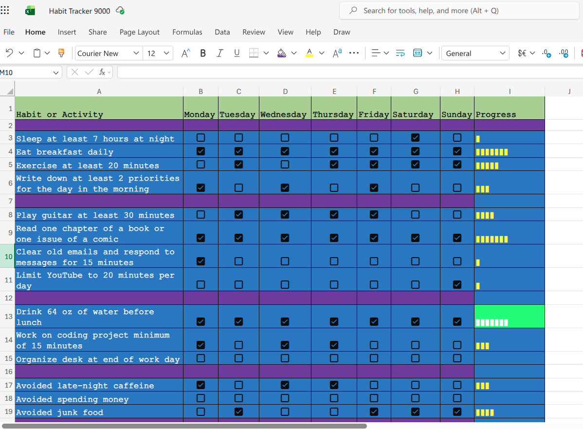 A completely filled out habit tracker with conditional rules applied.