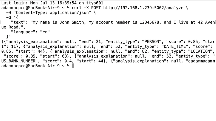 CURL query for Presidio Analyze running on a Mini PC, text containing PII and analysis explanation.