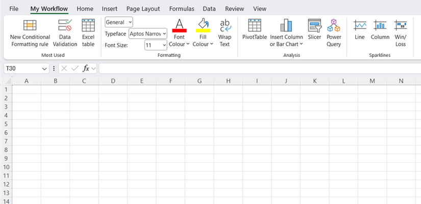 A customized Excel ribbon, with various tabs removed and a new 'My Workflow' tab added and displayed.