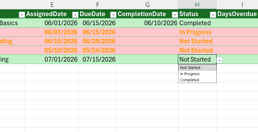 A drop-down menu in a Status column in Excel that contains options for Not Started, In Progress, and Completed.