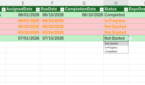 A drop-down menu in a Status column in Excel that contains options for Not Started, In Progress, and Completed.