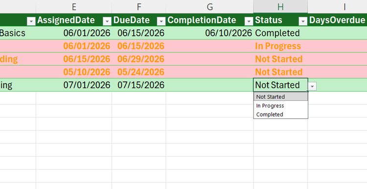 A drop-down menu in a Status column in Excel that contains options for Not Started, In Progress, and Completed.