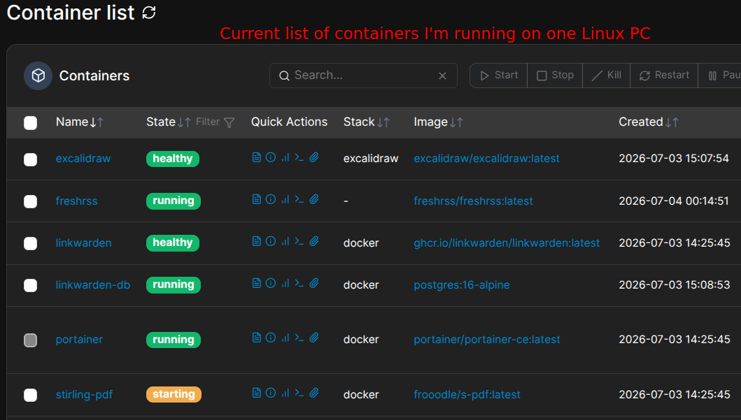 A list of contianers running on a linux pc.