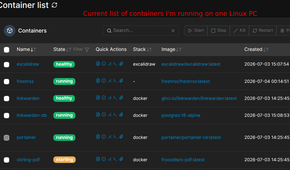 A list of contianers running on a linux pc.