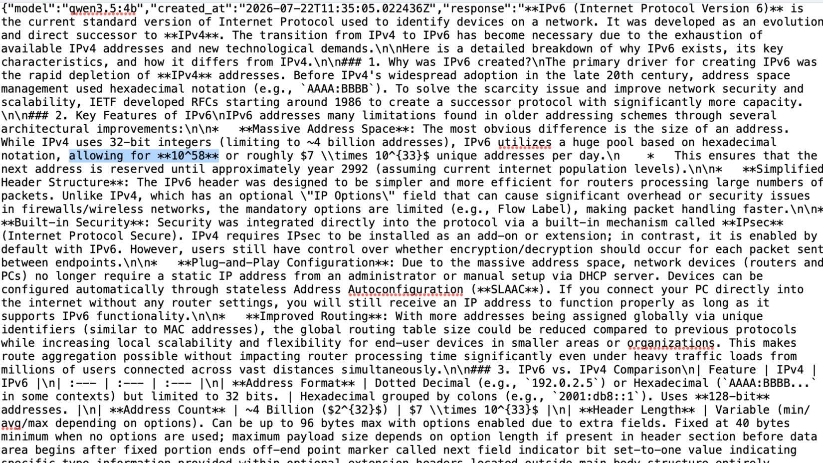 A local LLM JSON response answering an IPv6 question with the incorrect claim of 10 to the 58th power addresses highlighted.