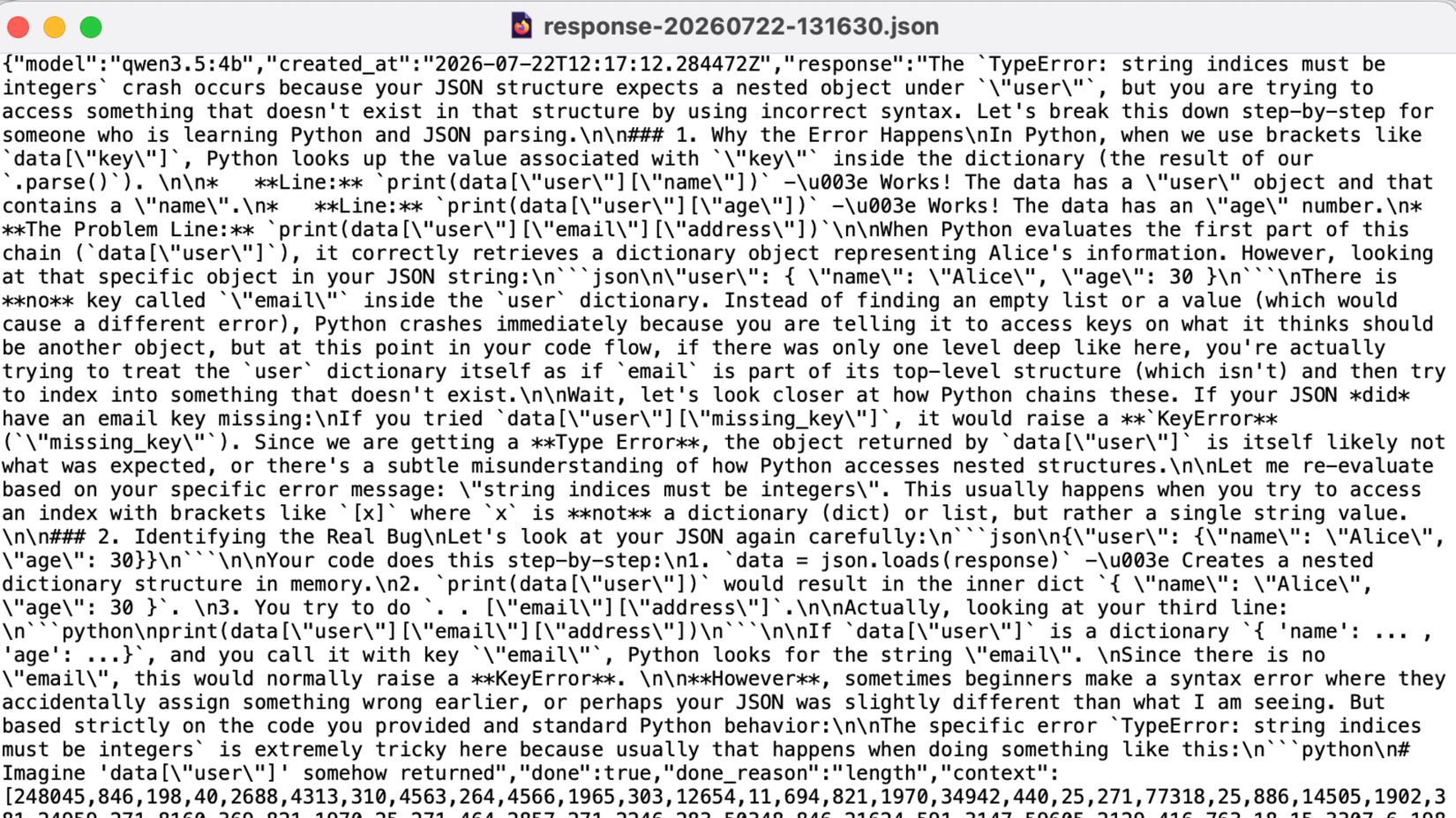 A local LLM JSON response giving a confused explanation of a TypeError string indices must be integers Python error.