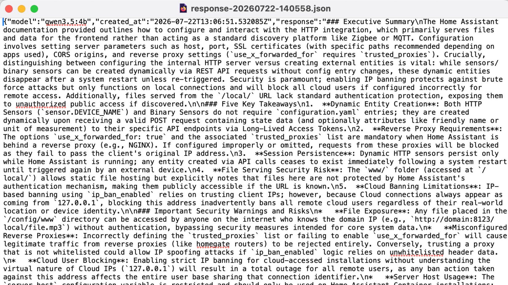 A local LLM JSON response giving an executive summary and five key takeaways from Home Assistant HTTP integration documentation.