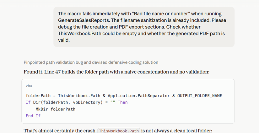 A prompt in Claude that tells it to fix a VBA code it provided, and the start of the response.