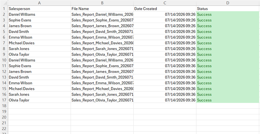 A report log sheet in Excell that lists various reports generated by a VBA macro, including the date created and the status.