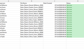 A report log sheet in Excell that lists various reports generated by a VBA macro, including the date created and the status.