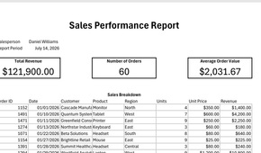 A Sales Performance Report PDF, generated from a template in Excel.
