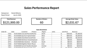 A Sales Performance Report PDF, generated from a template in Excel.