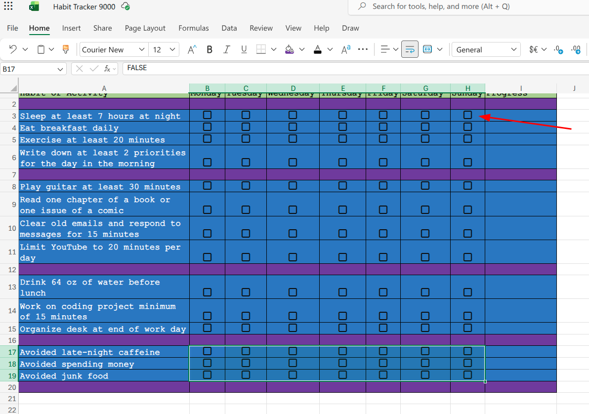 A spreadsheet containing checkboxes.