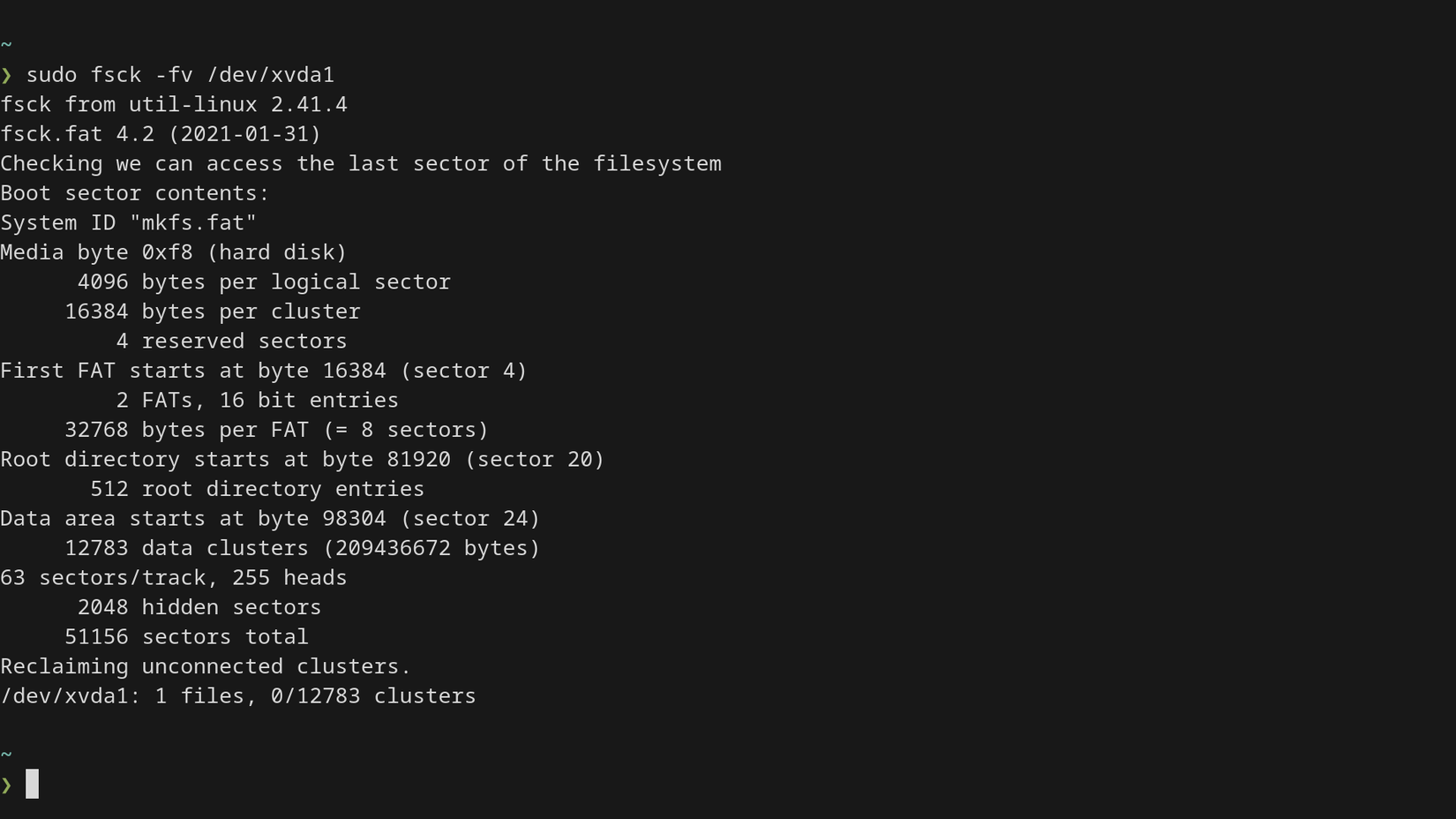 A terminal window displays the output of running sudo fsck on a device, reporting the boot sector contents and that the filesystem contains a single file.