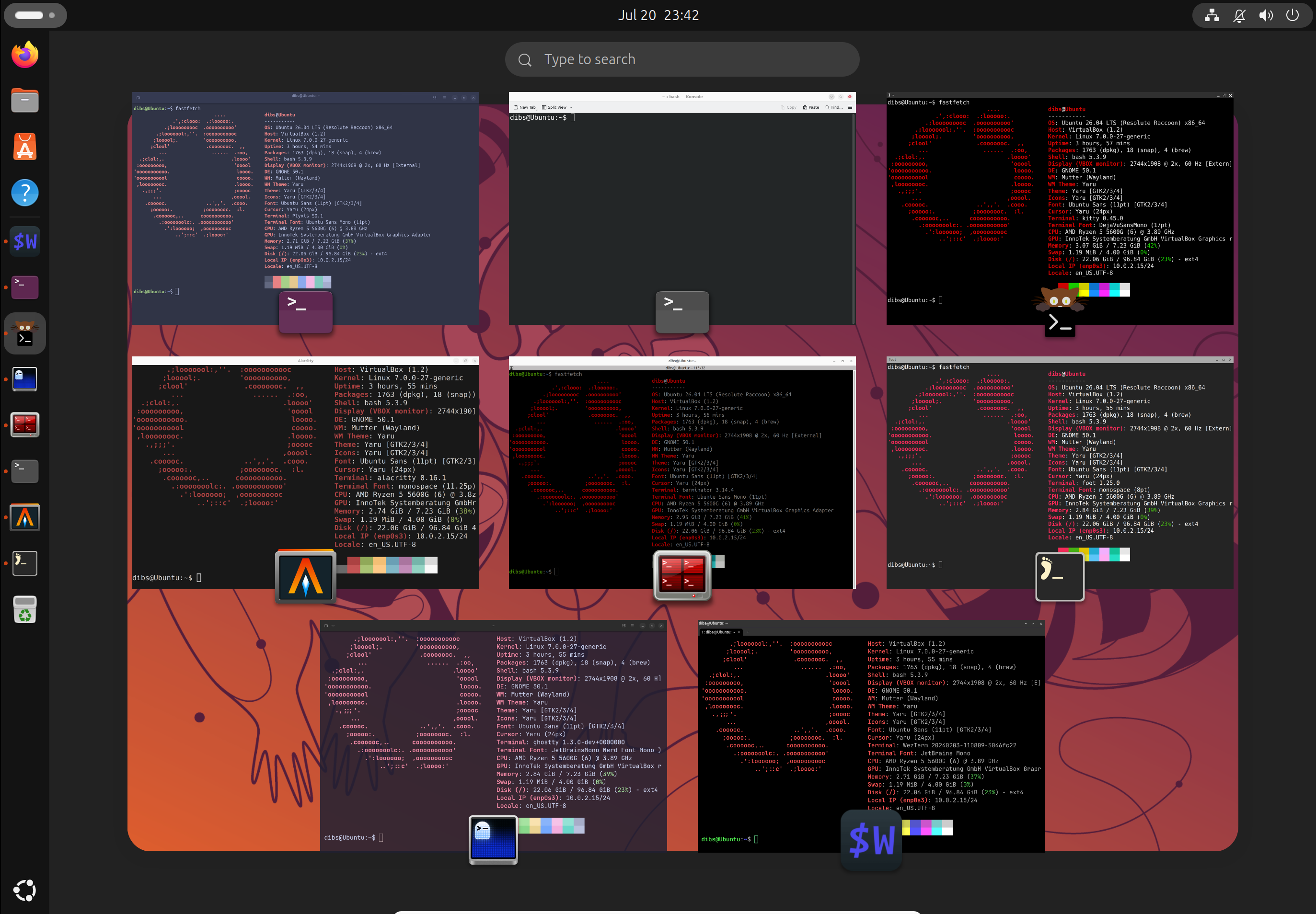 A variety of Linux terminals open inside Ubuntu activities overview.