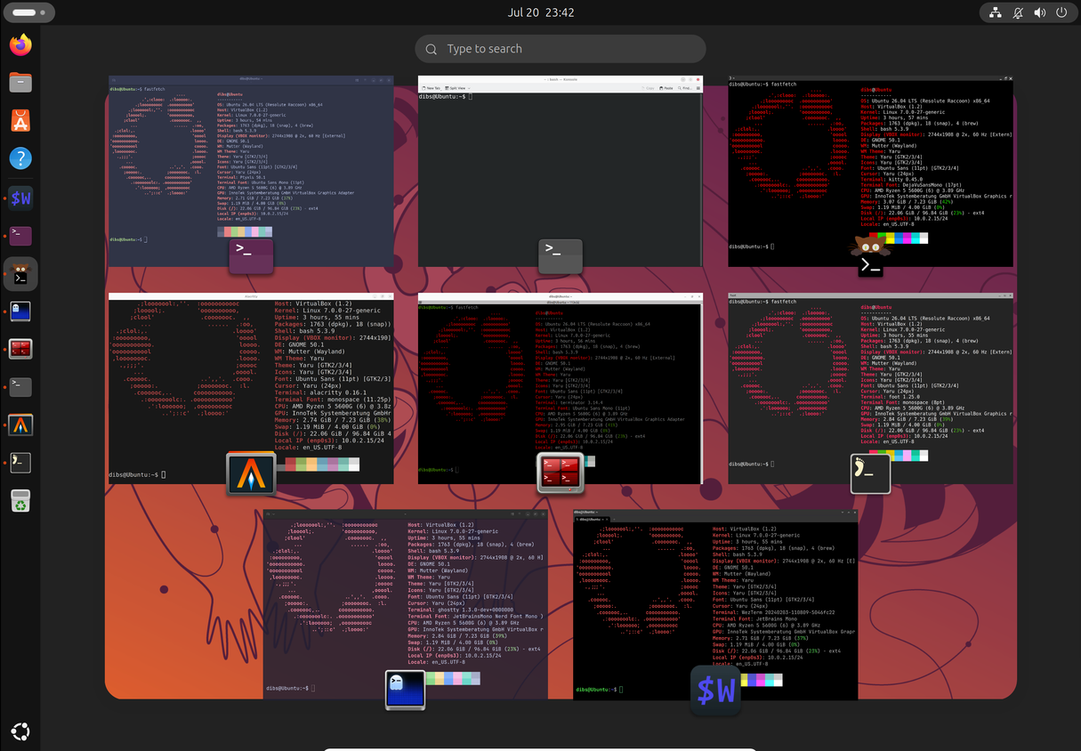 A variety of Linux terminals open inside Ubuntu activities overview.