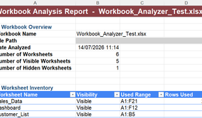 A VBA-generated Workbook analysis report in Excel.