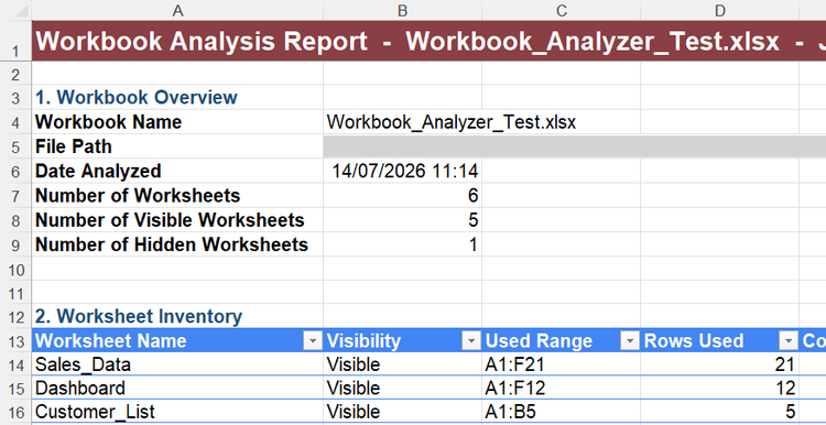 A VBA-generated Workbook analysis report in Excel.