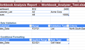 A VBA-generated Workbook analysis report in Microsoft Excel, with data validation and conditional formatting analysis displayed.