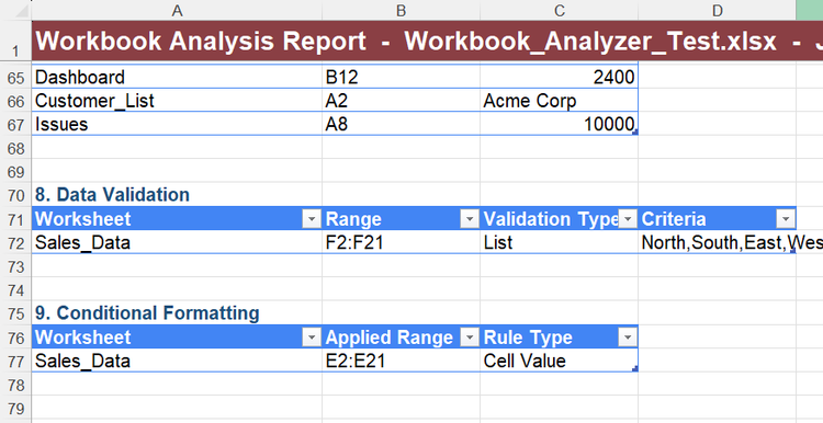 A VBA-generated Workbook analysis report in Microsoft Excel, with data validation and conditional formatting analysis displayed.