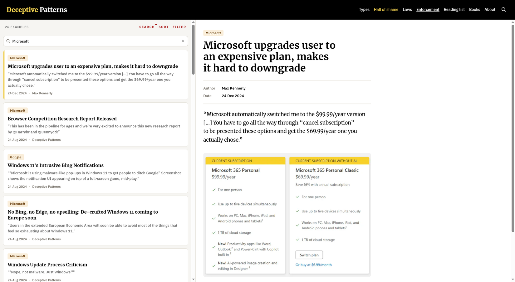 A web browser displays the Deceptive Patterns site showing a Microsoft example about upgrading a user to an expensive plan that is then hard to downgrade.
