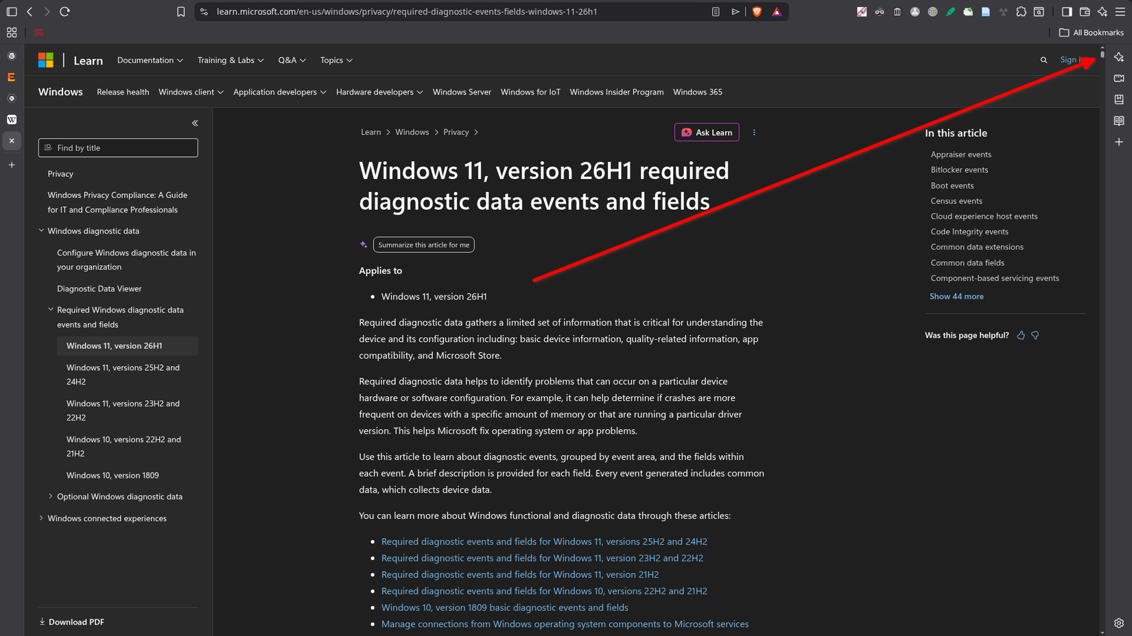 A web browser shows a Microsoft Learn page about Windows 11 diagnostic data, with a red arrow pointing to a tiny scroll handle that reveals how long the page is.