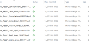 A Windows 11 folder containing various automated PDF reports.